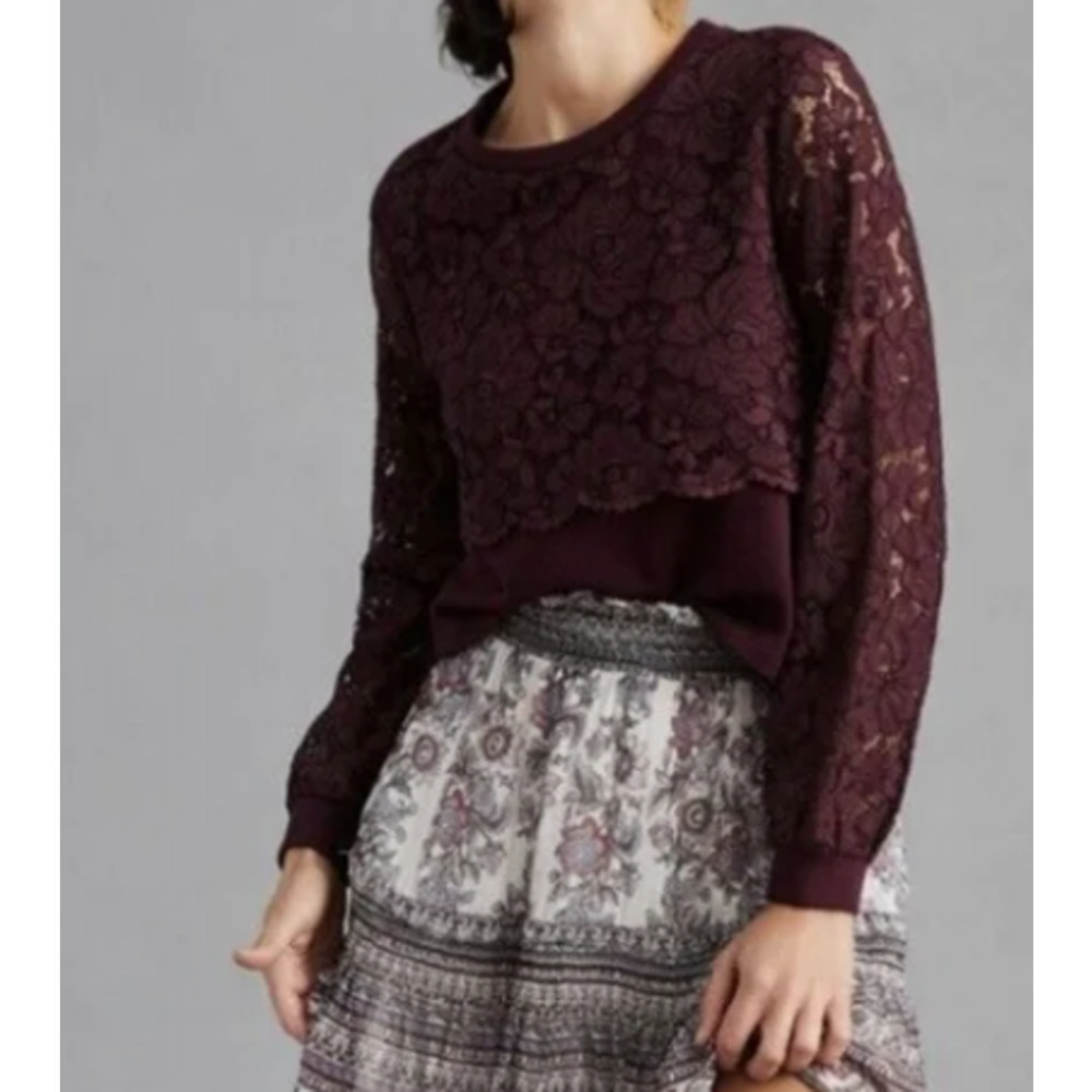Maeve by Anthropologie Plum Lace‎ Pullover Style Crop Sweatshirt SZ S